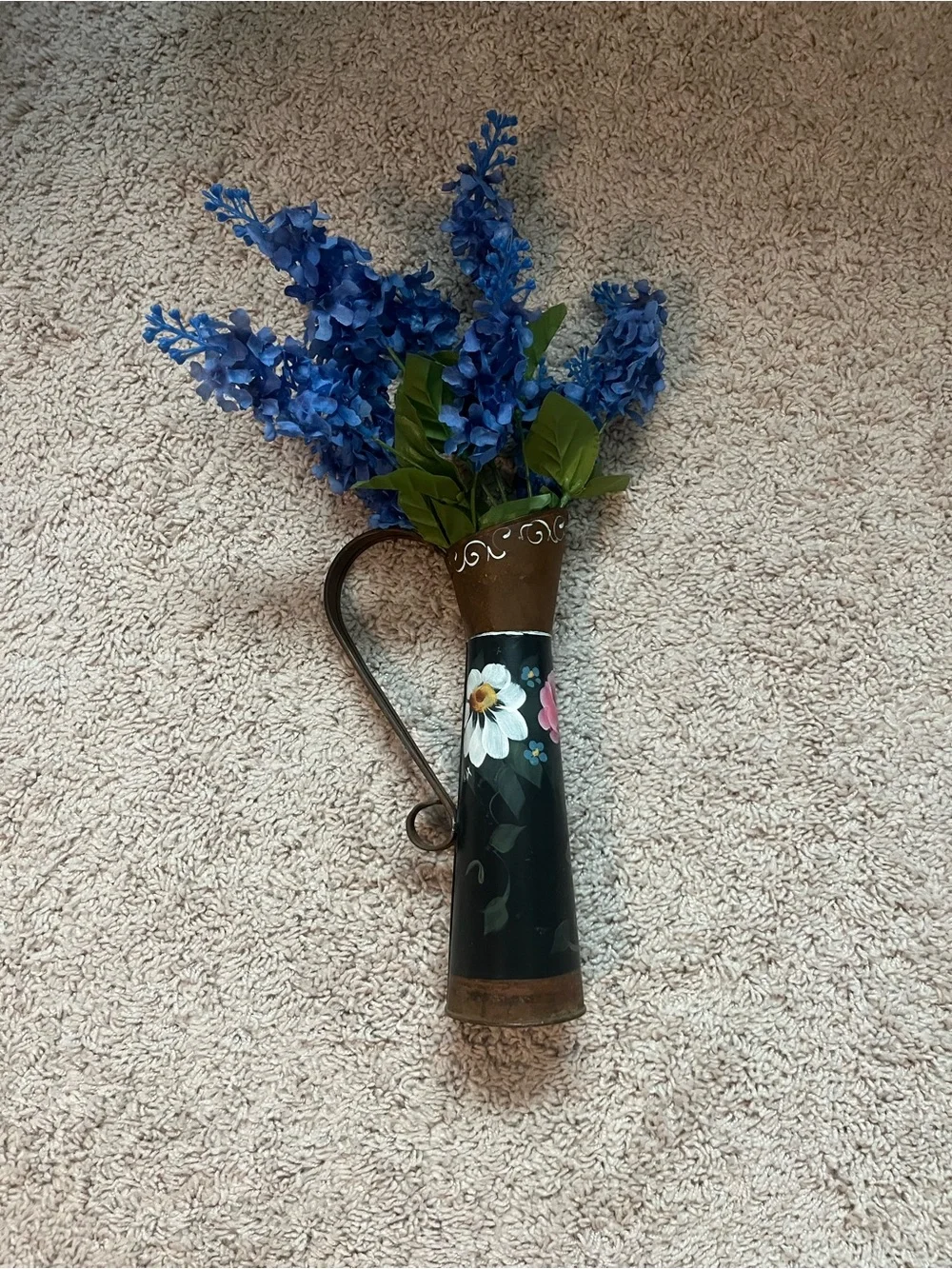 Hand-Painted Metal Wall Vase with Blue Floral Accents